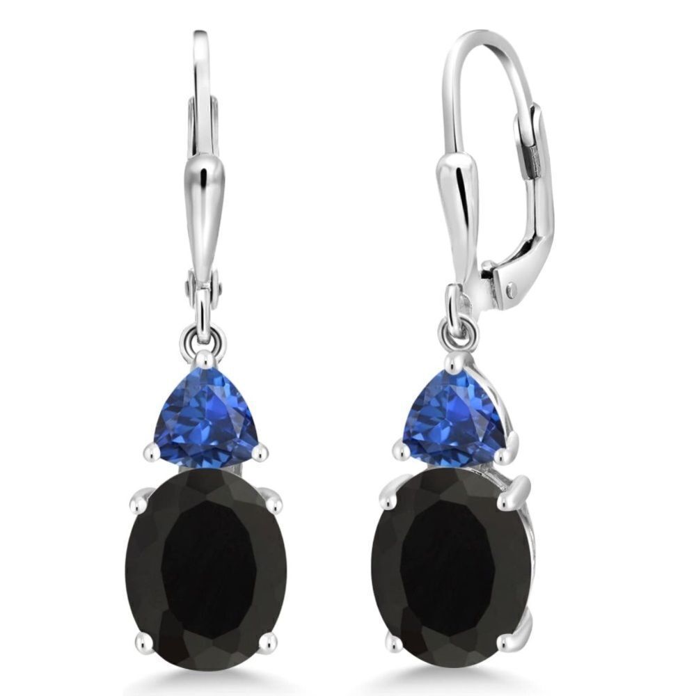 925 Sterling Silver with 6.08 Cttw Black Onyx and Blue Sapphire Drop Earrings